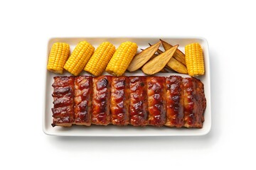 Deliciously grilled barbecue pork ribs served with sweet corn on the cob and potato wedges on a white platter