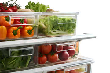 Fridge organizers contain colorful vegetables and fruit. Illustrates healthy food storage, product photography, and grocery concepts.