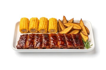 Delicious bbq pork ribs with corn on the cob and seasoned potato wedges served on a white platter