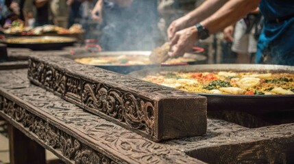 Outdoor paella cooking; intricately carved wooden table