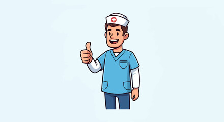 Smiling cartoon nurse in blue scrubs giving a thumbs-up gesture, expressing approval and positivity.