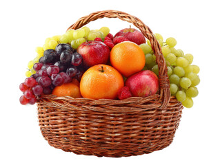 A rustic woven wicker basket filled with a fresh assortment of apples grapes oranges and raspberries.