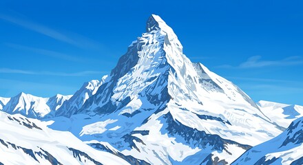 Illustration of a snow-covered mountain peak under a clear blue sky, with surrounding snowy slopes and valleys.
