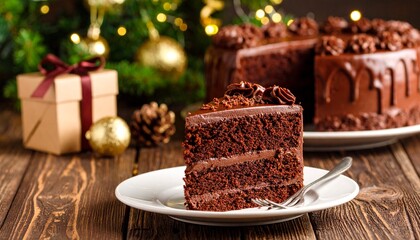 Christmas Chocolate Cake Slice Delight on White Plate, Festive Holiday Dessert