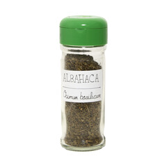 png image of spice jar over transparent background. Basil or ocium basilicum