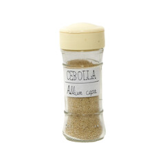 png image of spice jar over transparent background. Onion powder or allium cepa