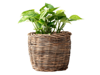 Lush variegated Golden Pothos plant with heart-shaped leaves in a rustic woven wicker basket.