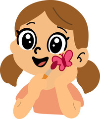 Cute cartoon girl with big sparkling eyes painting a colorful butterfly on her cheek, flat vector style, no gradients.
