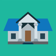 Simplified Architectural Design of a Blue Roofed House with Pillars and Brown Door for Iconography or Infographics Use