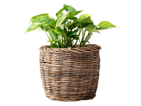 Lush variegated Golden Pothos plant with heart-shaped leaves in a rustic woven wicker basket.