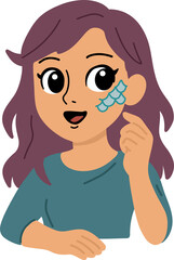 Cartoon fantasy girl with big magical eyes painting mermaid scales on her face, flat vector style, no gradients.