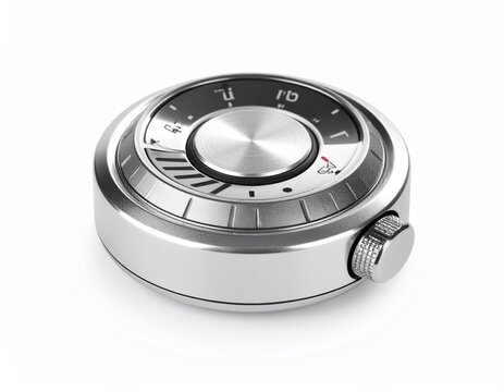 Sleek, modern metallic dial with a silver knob and digital display on a white background - Powered by Adobe