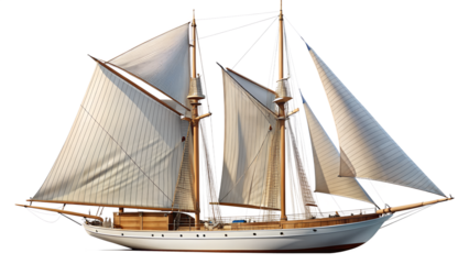 Sailing vessel isolated on transparent background with its sails fully deployed, showcasing maritime transport and nautical adventure