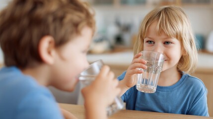 Two Young Children, One in Focus, Drink Water From Glasses, Indoors, Healthy Lifestyle.