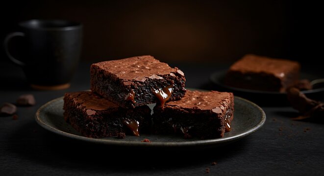 Deliciously gooey and fudgy chocolate lava brownies stacked on a rustic dark plate, perfect for a decadent dessert.