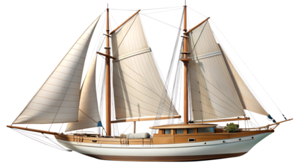 Sailing vessel isolated on transparent background, a classic boat with sails, representing maritime transport and nautical adventure