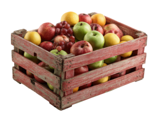 Rustic red wooden crate overflowing with fresh colorful mixed fruits like apples grapes and lemons.
