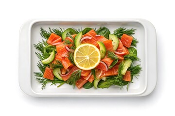 Fresh smoked salmon salad with avocado cucumber dill and lemon slice in white dish