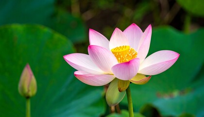 Obraz premium Delicate pink lotus flower in vibrant green foliage