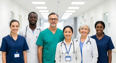 Photo of diverse team of doctors and nurses in hospital corridor