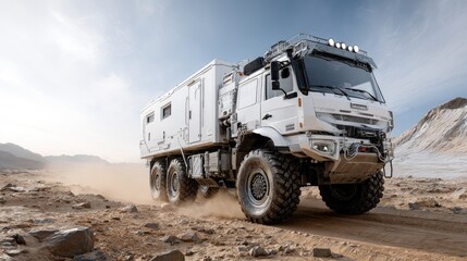 Powerful modern racing semi-truck features futuristic lights, energy storage, and a compact living space at the rear for extended journeys.