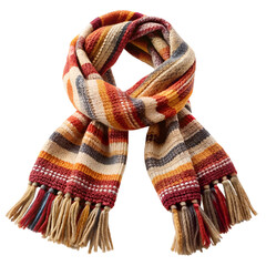 Warm knitted striped woolen scarf with fringe isolated on white background