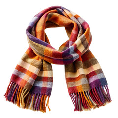 Warm plaid woolen scarf with fringe isolated on white background