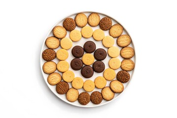 Delicious assortment of assorted cookies arranged in a circular pattern on a white plate from a top down view