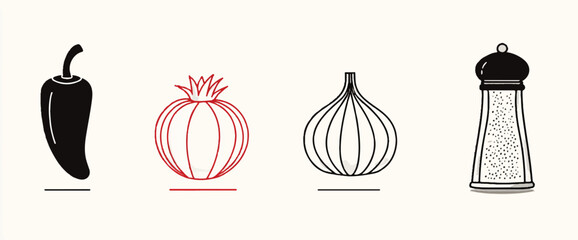 Minimalist Kitchen Illustration Featuring Pepper Onion Garlic and Salt for Culinary Themes and Creative Food Projects perfect for graphic design and digital art