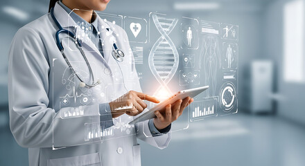Photo of doctor using tablet with medical data and interface