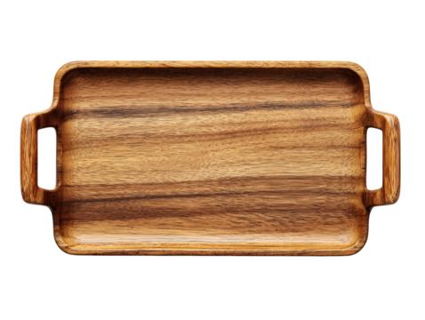 Empty rectangular wooden serving tray with handles showing natural grain texture top view.