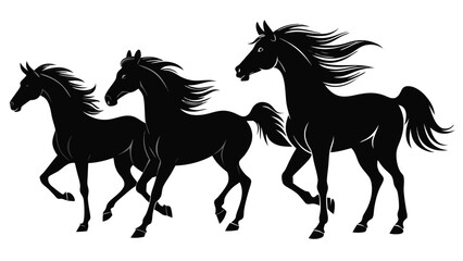 Silhouetted horses running in unison on a white background, capturing the essence of speed and freedom..eps