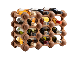 A modern textured wooden wine rack filled with an assortment of red white and rosé wine bottles.