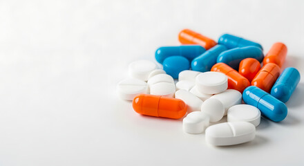 Photo of pile of colorful pills isolated on white background