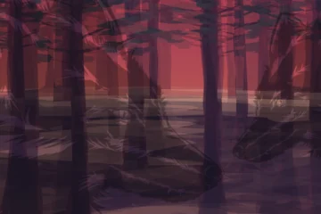 Fototapeten Bordeaux foggy forest with wolf head silhouette  © Riza faryunanda