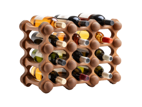 A modern textured wooden wine rack filled with an assortment of red white and rosé wine bottles.