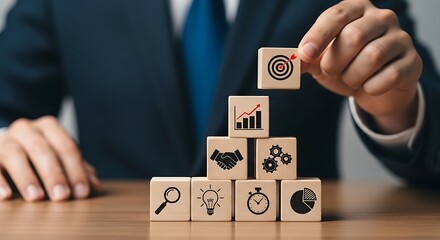 Business strategy building blocks representing growth and achievement of goals and objectives concept