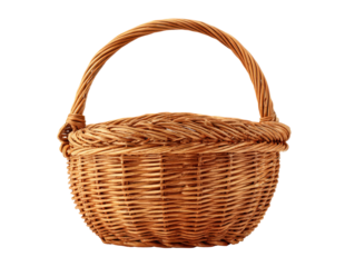 Classic light brown wicker basket with a high arched handle featuring a traditional hand-woven texture and a braided rim.