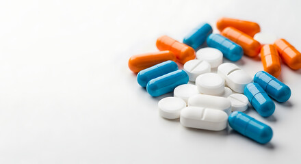 Photo of pile of colorful pills isolated on white background