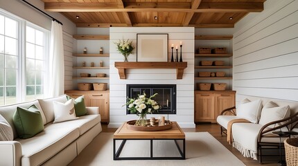 Cozy living room with a white brick fireplace built in shelving and natural wood accents creates a warm inviting atmosphere