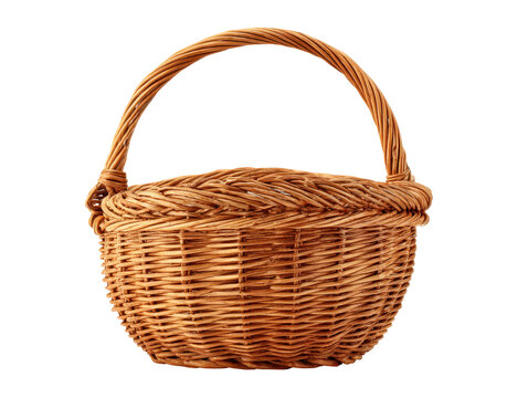 Classic light brown wicker basket with a high arched handle featuring a traditional hand-woven texture and a braided rim.