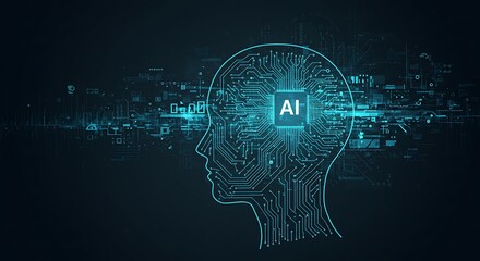 Digital illustration of a human head silhouette filled with circuit board patterns and an AI chip at the center, glowing in blue.