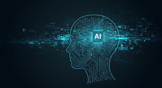 Digital illustration of a human head silhouette filled with circuit board patterns and an AI chip at the center, glowing in blue.