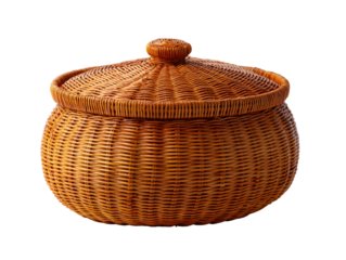 Handmade round wicker basket with a domed lid and woven knob handle.