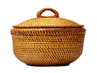 Handcrafted round rattan basket with a domed lid and woven handle.