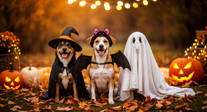 3 dogs in diverse halloween costumes: a witch, a bat and a sheet ghost. Sitting outdoors with some autumn leafs and glowing pumpkins arround