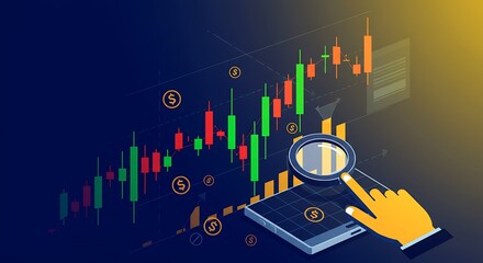 Obraz premium Isometric illustration of a financial stock market graph being analyzed on a mobile device with a magnifying glass.