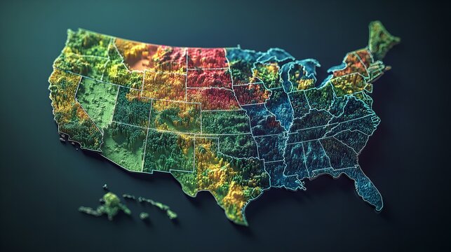 Rendered map of the united states with varying color and height representing topography data