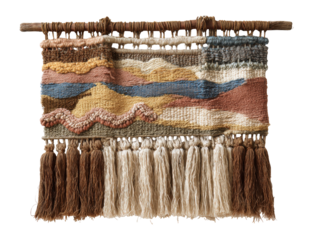 Rustic woven wall hanging with an abstract landscape design textured yarn and long tassels suspended from a wooden rod.
