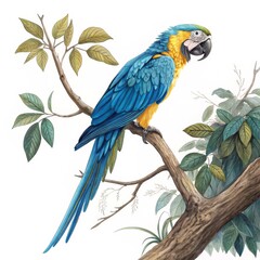 Obraz premium Blue and Gold Macaw Perched on Tree Branch,Illustration,Tropical bird